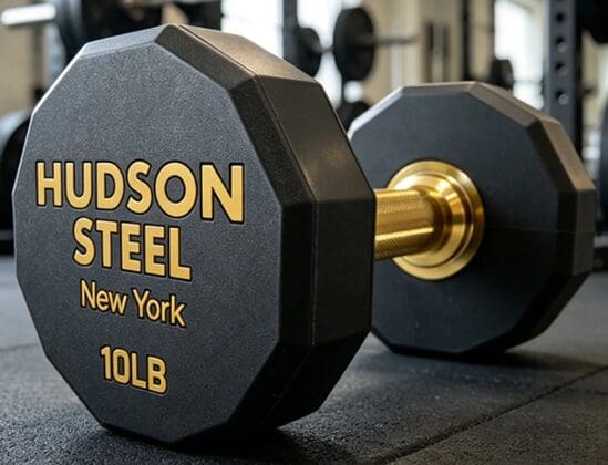 Black octagonal dumbbell with gold lettering.