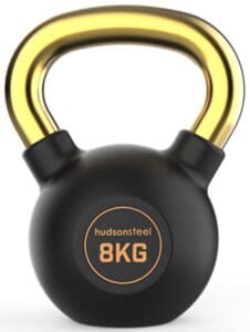 Black and gold kettlebell with 8kg weight.