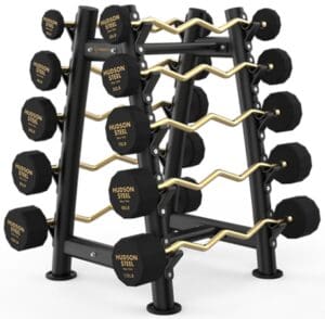 Black and gold dumbbell rack for weight training.