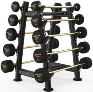 Black and gold dumbbell rack with weights.
