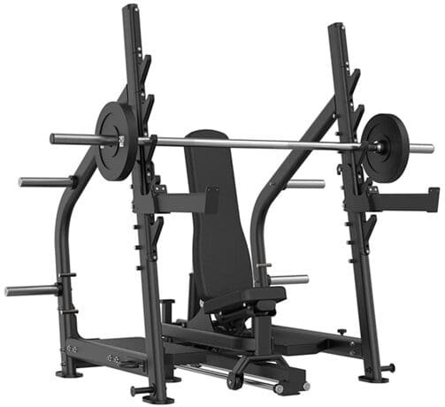 Weight bench press station with adjustable features.