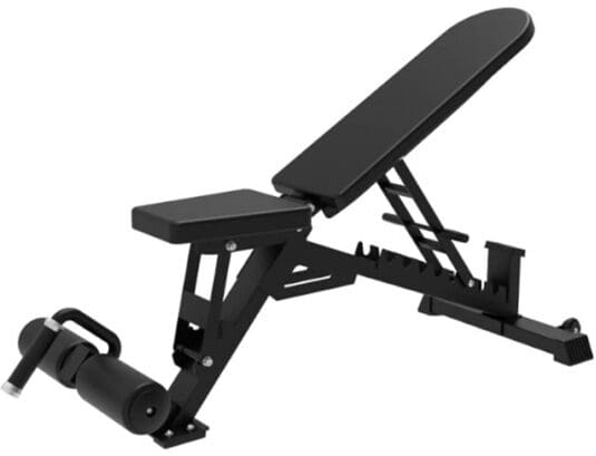 Adjustable workout bench for strength training exercises.