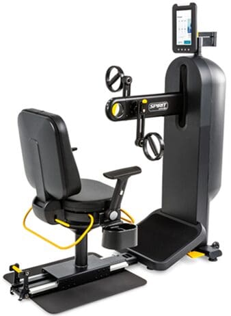 Adjustable seated fitness machine with touchscreen display.