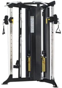Dual cable strength training machine with adjustable features.
