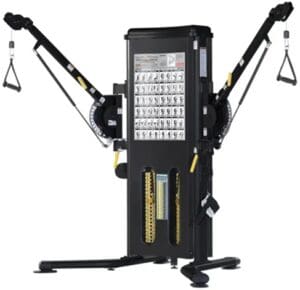 Dual adjustable cable machine for strength training.
